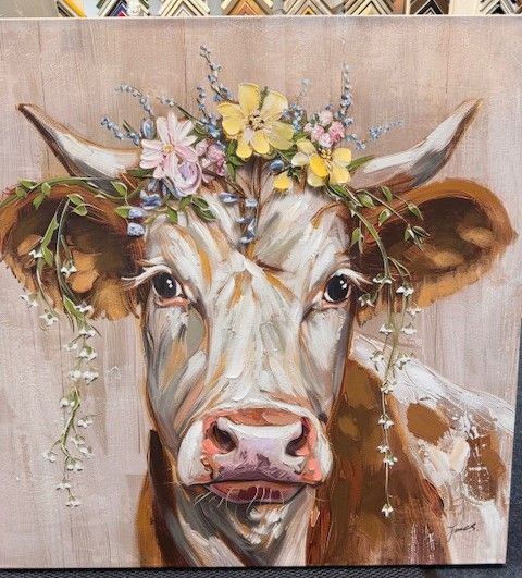 Kuh mit Blumen 100 x 100cm Leinenbild